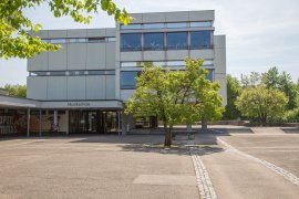 Eingang unter der Aufschrift «Musikschule» an einem Betongebäude, davor ein Baum