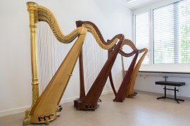Mehrere Harfen stehen nebeneinander in einem hellen Raum
